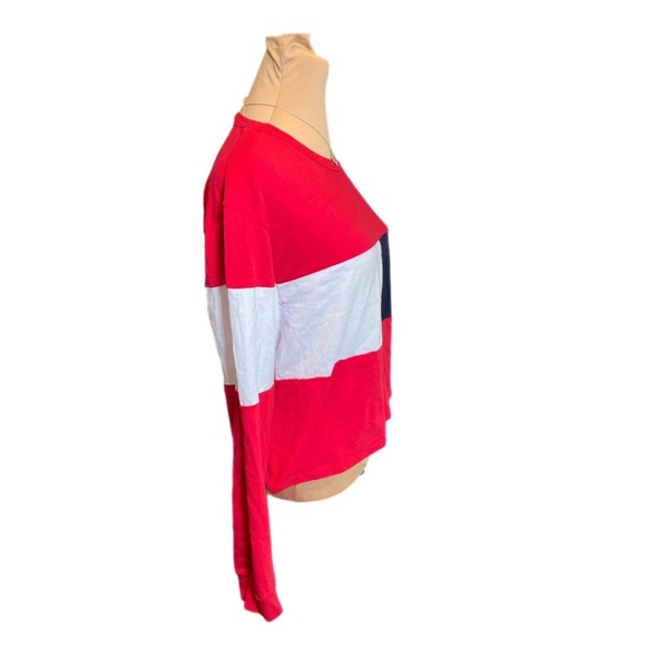 New GAZE Women’s Long Sleeve Boxy Fit Cropped Shirt Sz M Patriotic Color Block - Picture 3 of 11